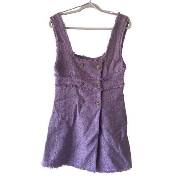 Zara Purple Tweed Square Neck Crystal Button Double Breasted Dress - Picture 3 of 12